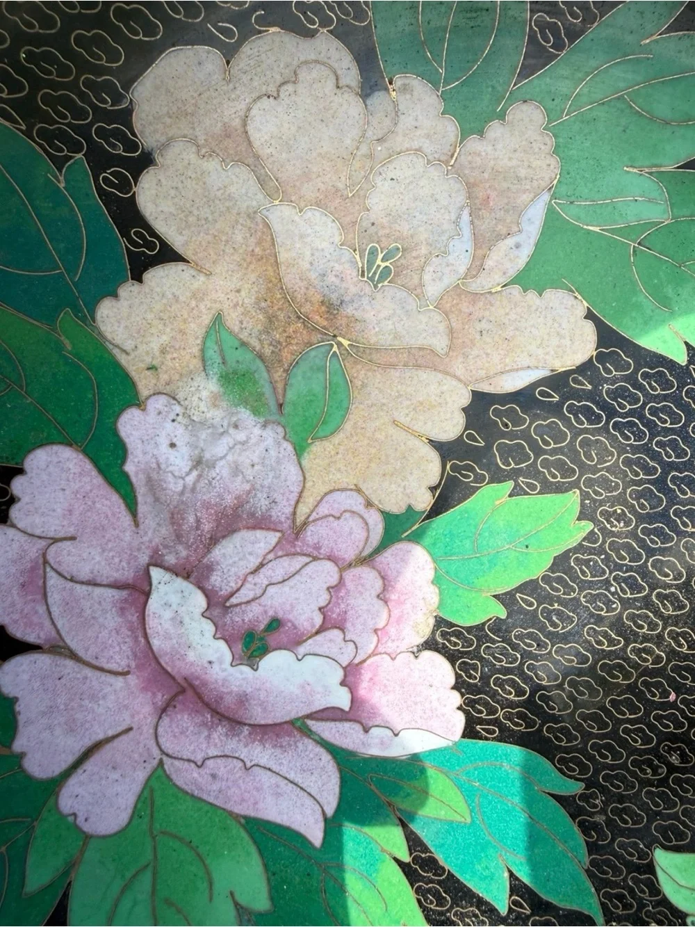 Vintage Chinese Cloisonné Champlevé Floral Bowl With Wooden Stand Beautiful 9”